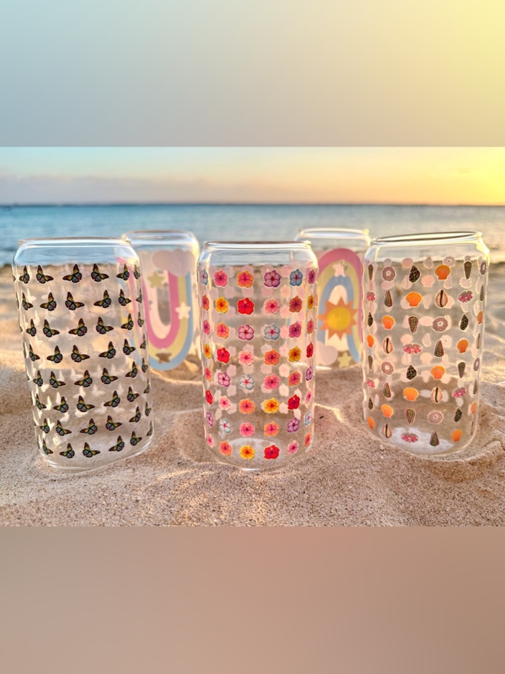 Hand Drawn Design Pattern Glass Can Shaped Drinking Tumbler (16 oz Cup)